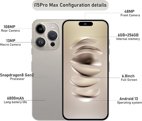 15PROMA X Smartphone,Android 13.0,Long Battery Life 6800mAh,16+512GB with 128GB Memory Card Cell Phone,6.8“ HD Screen,Dual SIM,5G/Face ID/Fingerprint Lock/GPS (Gold) in Saudi Arabia