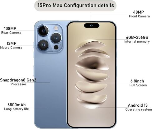 15PROMA X Smartphone,Android 13.0,Long Battery Life 6800mAh,16+512GB with 128GB Memory Card Cell Phone,6.8“ HD Screen,Dual SIM,5G/Face ID/Fingerprint Lock/GPS (Gold) in Saudi Arabia