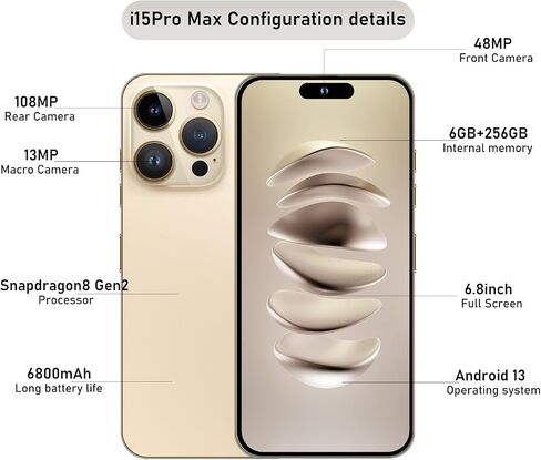 15PROMA X Smartphone,Android 13.0,Long Battery Life 6800mAh,16+512GB with 128GB Memory Card Cell Phone,6.8“ HD Screen,Dual SIM,5G/Face ID/Fingerprint Lock/GPS (Gold) in Saudi Arabia