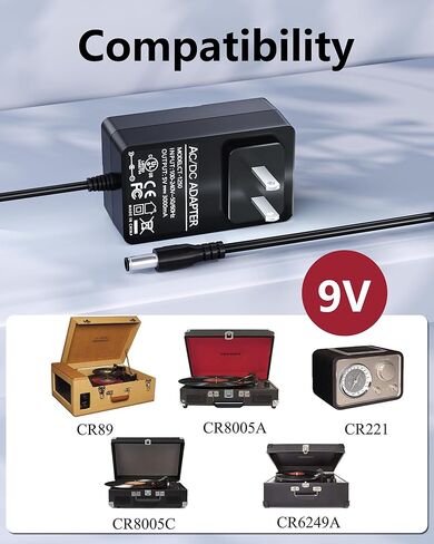 VHBW 9V for Crosley Record Player Power Cord Compatible with Crosley Cruiser CR8005A I II III Series CR8005C CR6005A CR89 CR221 Portable Record Player in Kuwait