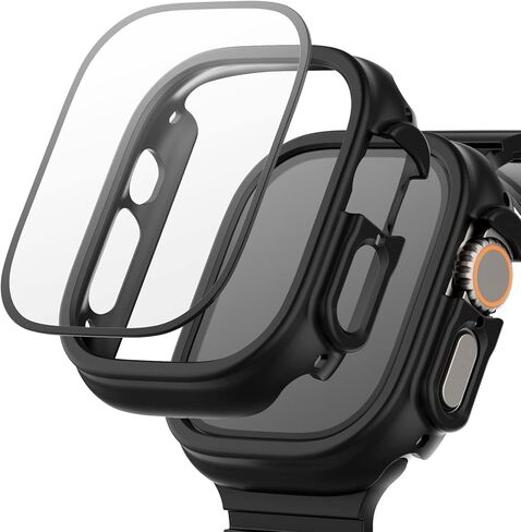 2+2 حافظة مناسبة وواقي شاشة متوافق مع Apple Watch Ultra 2/Ultra 49mm، طبقة حماية من الزجاج المقوى المقاوم للماء باللون الأسود ورفيعة للغاية من البولي كربونات لساعة iWatch Ultra 49mm in Kuwait