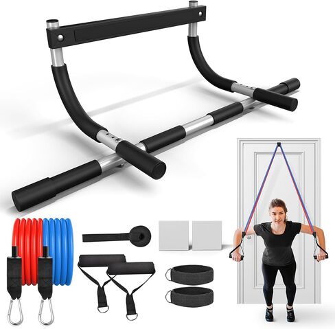 ONETWOFIT Pull Up Bar for Doorway, Adjustable Door Frame Chin Up Bar Portable Pull-Up Bar for Home Gym, Strength Training Upper Body Fitness Workout Exercise Bar With Exercise Assistance Band in Saudi Arabia