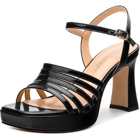 Women's Platform Sandals, Ankle Strap Square Open Toe Buckle Heels for Women, Fashion Solid Patent High Heel Sandals Shoes 3.35 inch