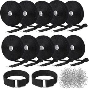 (5 Sets) 2 Rolls 32 ft Straps 1 Inch Wide with 40 Metal Buckles, Adjustable Fastening Hook and Loop Straps, Reusable Cut-to-Length Nylon Cinch Cable Straps for Organizer or Storage, Black