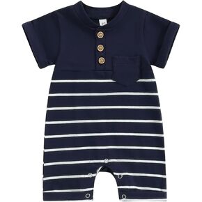 Newborn Baby Boy Romper Short Sleeve Crew Neck Stripe Button Jumpsuit with Pockets One Piece Summer Clothes Outfit
