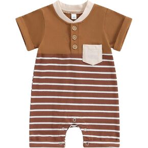 Newborn Baby Boy Romper Short Sleeve Crew Neck Stripe Button Jumpsuit with Pockets One Piece Summer Clothes Outfit in Saudi Arabia