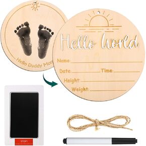 Baby Announcement Sign, 5.9 Inch Diameter Wooden Hello World Newborn Sign with Ink Pad for Baby Hand and Footprints Baby Name Sign for Birth Announcement Sign Baby Gift