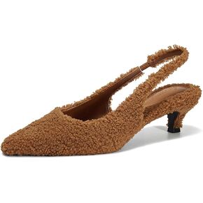 Coutgo Womens Slingback Kitten Low Heels Closed Pointed Toe Fuzzy Curly Fur Slip on Cute Pumps Dress Shoes