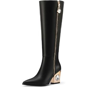 Knee High Boots for Women Cowboy Boots Chunky Heel Pointed Toe Cowgirl Boots with Rhinestone Side Zipper Tall Boots