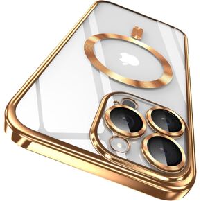 Strong Magnetic Clear for iPhone 16 Pro Max Case with MagSafe,Full Camera Lens Protector,Plating Glossy Yellowing Resistant Shockproof Soft Protective Case Cover for Girls Women,Gold