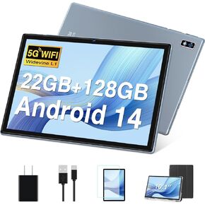 Tablet Android 14 Tablets 10.1 inch with 22GB RAM 128GB ROM, Octa-Core Processor 8000mAh TF 1TB, G+G HD IPS Display Tableta, Dual Camera, Widevine L1 Bluetooth GPS Tablet PC (Gray)