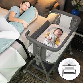 Baby Bassinet Bedside Sleeper, 3 in 1 Rocking Bassinet for Baby, Co Sleeper Bassinet with Wheels, Adjustable Height, Storage Basket, Mattress & Canopy, Bed Side Bassinet for Newborn (Gray)
