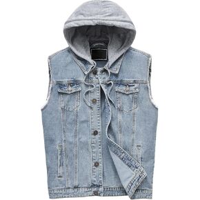 Heihuohua Men's Hooded Denim Vest Classic Stretchy Trucker Sleeveless Jean Coat, White, Medium