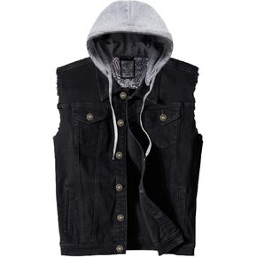 Heihuohua Men's Hooded Denim Vest Classic Stretchy Trucker Sleeveless Jean Coat, White, Medium