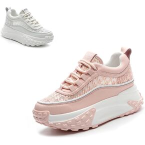 Women's Leather Breathable Casual Sneakers,Lace-Up Platform Sneakers,Anti-Slip Shock Absorbing Heighten Fashion Running Sneakers