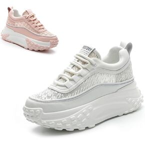 Women's Leather Breathable Casual Sneakers,Lace-Up Platform Sneakers,Anti-Slip Shock Absorbing Heighten Fashion Running Sneakers