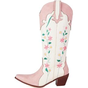 YIYA Women's Pink Floral Embroidered Western Cowboy Boots Cute Knee High Cowgirl Boots Pointed Toe Chunky Stacked Heel Retro Classic Tall Boot