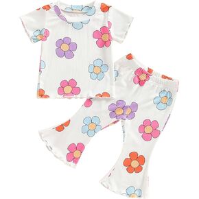 SAYOO Toddler Baby Girls Daisy Clothes Flower Print Batwing Crop Top T-shirt+Wide-Leg Long Pants 2pcs Casual Princess Oufit