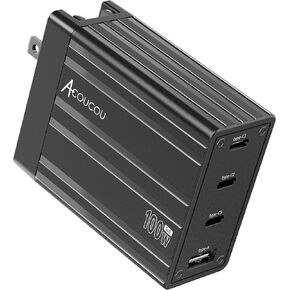 Acoucou 100W USB C Charger 4 Ports GaN Charger Fast Charger Block Compatible with MacBookPro/Air, Ipad Pro/Air, iPhone 15 Pro, Galaxy S24 Ultra, Steam Deck, Google Pixelbook and More