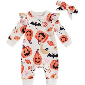 Infant Newborn Baby Girls Halloween Outfits Pumpkin Printed Long Sleeve Romper Headband Fall Set