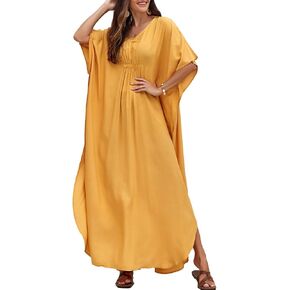 QIUYEJUO Kaftan Dresses for Women Rayon Cover Up V Neck Batwing Sleeve Plus Size Caftan Long Beach Dress Solid Color in Saudi Arabia