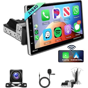 2G 64G Android Single Din Touchscreen Car Stereo Wireless Carplay Android Auto, Rimoody 9 Inch Touch Screen Android 1 din Car Radio with WiFi GPS Navigation Bluetooth FM Radio + Backup Camera