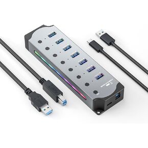 3.0 USB Hub, Beauif 7-Port USB 3.0 RGB Hub with 14 Color RGB LED Strip, Three Dynamic Modes, Independent Button Switches, Aluminum Gaming USB Hub for PC and Laptops.