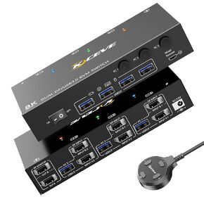 8K KVM Switch 2 Monitors 3 Computer, KCEVE Dual Monitors USB 3.0 Displayport KVM Switcher, Supports 8K@60Hz for 3 DP Port PC Share 2 DP Monitors, Keyboard and Mouse