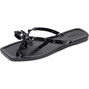 Studded Sandals for Womens Bow Flip Flops Jelly Shoes Beige Jellies Flat Size 9, Summer Beach Thong Slides with Rivets Dress Slippers Square Toe Slip On