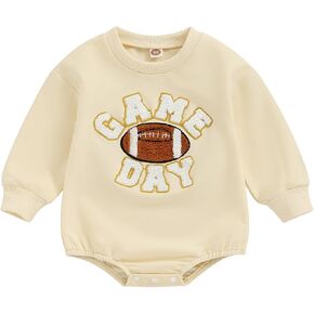 Omkzanbi Game Day Bubble Romper Sweatshirt Baby Girl Boy Football Outfit Embroidery Bodysuit Cute Fall One Piece Outfit 0-18M