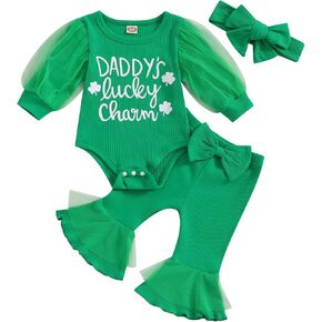 Baby Girl Easter Outfit Mamas Little Bunny Print Long Sleeve Crewneck Romper Rabbit Flared Pant Headband 3Pcs
