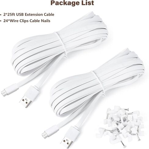 delilyn 2Pack 25ft Micro USB Extension Cable Compatible with eufy Security Indoor Cam E220/P24, Flat Power Cable for eufy Security Indoor Cam C120, Weatherproof Charging Cord with 24* Cable Clips in Kuwait