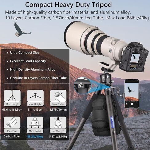 Compact Carbon Fiber Tripod with Stone Bag ARTCISE CT90C Heavy Duty Travel Camera Stand for Canon Sony Nikon DSLR Camcorder,Max Load 88lbs(Extra Gift:Stone Bag,CNC Magic arm, CNC Phone Clip) in Saudi Arabia