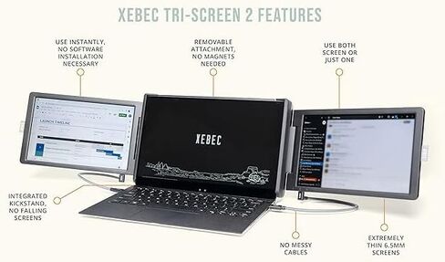 Xebec Tri-Screen 2 + AirStand Bundle: موسع شاشة الكمبيوتر المحمول الثلاثي الشاشات الأصلي | شاشة سفر 10.1 بوصة للكمبيوتر المحمول | موسع شاشة محمول بدقة FullHD، متوافق مع أجهزة Mac PC Chrome in Kuwait