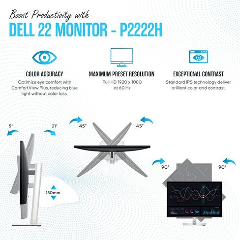 حزمة شاشة P2222H Dell مقاس 22 بوصة مع حامل - دقة 1080 بكسل عالية الدقة بالكامل، وتقنية IPS 16:9 - تحتوي على طاقة عالمية، ومنفذ DisplayPort، وكابلات USB 3.0، وقطعة قماش للتنظيف من الألياف الدقيقة - (طراز جديد) in Saudi Arabia