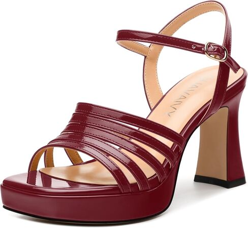 Women's Platform Sandals, Ankle Strap Square Open Toe Buckle Heels for Women, Fashion Solid Patent High Heel Sandals Shoes 3.35 inch in Saudi Arabia