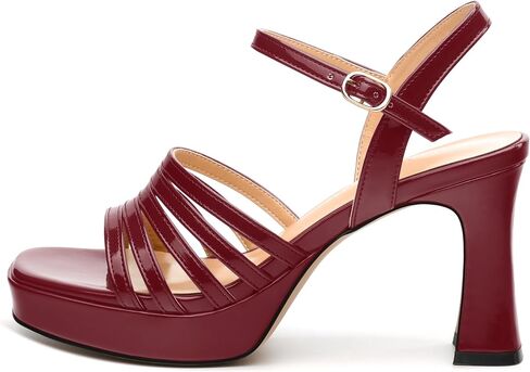 Women's Platform Sandals, Ankle Strap Square Open Toe Buckle Heels for Women, Fashion Solid Patent High Heel Sandals Shoes 3.35 inch in Saudi Arabia