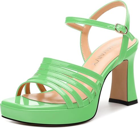 Women's Platform Sandals, Ankle Strap Square Open Toe Buckle Heels for Women, Fashion Solid Patent High Heel Sandals Shoes 3.35 inch in Saudi Arabia