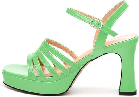 Women's Platform Sandals, Ankle Strap Square Open Toe Buckle Heels for Women, Fashion Solid Patent High Heel Sandals Shoes 3.35 inch in Saudi Arabia
