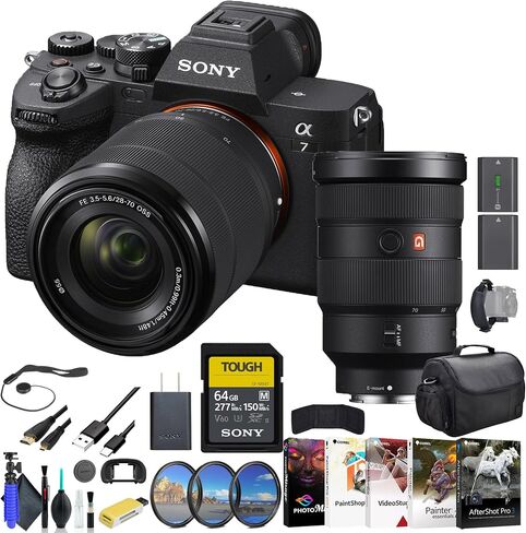 كاميرا Sony a7 IV بدون مرآة مع عدسة 28-70 مم ILCE-7M4K/B، وعدسة Sony FE 24-70، وبطاقة ذاكرة 64 جيجابايت، ومجموعة مرشح، وحقيبة، وبطارية متوافقة مع NP-FZ100، وقارئ بطاقات، وبرنامج صور Corel، والمزيد in Saudi Arabia