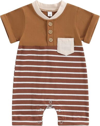 Newborn Baby Boy Romper Short Sleeve Crew Neck Stripe Button Jumpsuit with Pockets One Piece Summer Clothes Outfit in Saudi Arabia