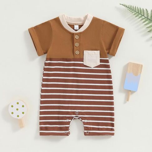 Newborn Baby Boy Romper Short Sleeve Crew Neck Stripe Button Jumpsuit with Pockets One Piece Summer Clothes Outfit in Saudi Arabia