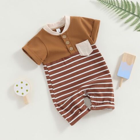 Newborn Baby Boy Romper Short Sleeve Crew Neck Stripe Button Jumpsuit with Pockets One Piece Summer Clothes Outfit in Saudi Arabia