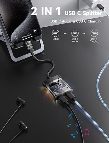JSAUX USB C Splitter, 2 in 1 USB C Headphone and Charger Adapter, Type C to USB C Hi-Res 32bit/384kHz Audio and USB C PD 60W Fast Charging Dongle for iPhone 16 Pro Max, Galaxy S24 Ultra, iPad, Pixel in Saudi Arabia