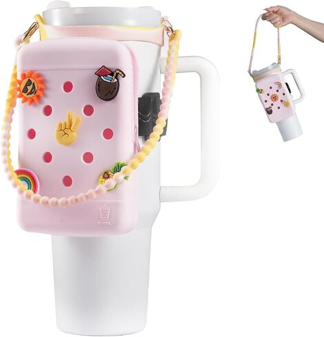 حقيبة زجاجة مياه من السيليكون HCVUINL مع 5 سحر، علبة محمولة لزجاجة مياه لمغامرة Quencher 40oz وStanley IceFlow 20oz 30oz، حقيبة بهلوان ملحقات زجاجات الصالة الرياضية، أبيض in Saudi Arabia
