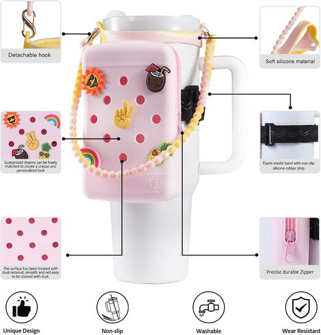 حقيبة زجاجة مياه من السيليكون HCVUINL مع 5 سحر، علبة محمولة لزجاجة مياه لمغامرة Quencher 40oz وStanley IceFlow 20oz 30oz، حقيبة بهلوان ملحقات زجاجات الصالة الرياضية، أبيض in Saudi Arabia