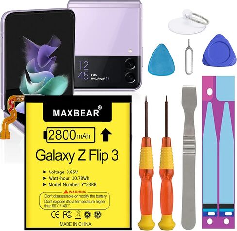بطارية MAXBEAR Galaxy Z Flip 3، أحدث بطارية بديلة بقدرة 2800 مللي أمبير في الساعة 3.85 فولت EB-BF711ABY لهاتف Samsung Galaxy Z Flip 3 5G (2021)، SM-F711B مع مجموعة أدوات الإصلاح in Kuwait