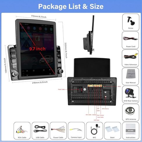 1+32G Android 13 Double Din Car Stereo 9.7 بوصة شاشة لمس عمودية مع Carplay Android Auto Mirror Link مشغل الوسائط المتعددة وحدة رئيسية FM RDS HiFi Bluetooth WiFi GPS + AHD كاميرا احتياطية وميكروفون in Kuwait