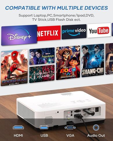 جهاز عرض مكتب BIGASUO 3LCD مدمج بمكبر صوت، جهاز عرض للأعمال الصغيرة بقوة 3500 Ansi-Brightness، نسبة تباين 15000:1، دعم 300 بوصة، متوافق مع عصا التلفزيون، PS5، الكمبيوتر المحمول، جهاز عرض الأفلام المنزلي الخارجي in Kuwait