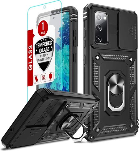 LeYi for Galaxy-S20-FE-5G-Case: with Screen Protector and Slide Camera Cover, Military-Grade Heavy Duty Shockproof Protective Phone Case Cover with Metal Ring Kickstand for Samsung S20 FE 5G, Black in Saudi Arabia